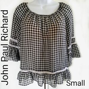 John Paul Richard Gingham Black White Peasant Top